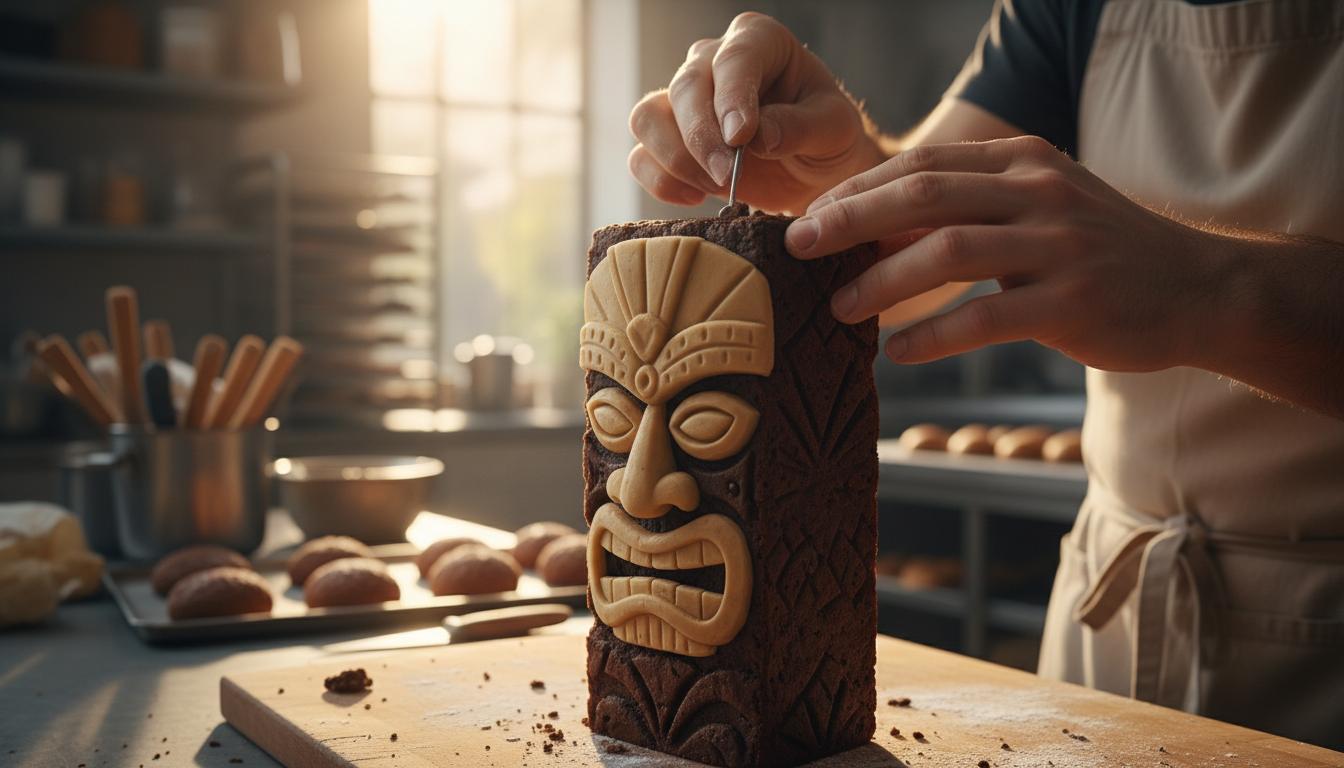 Une main fixe une guimauve et un bonbon banane sur un gâteau au chocolat à l'aide d'un cure-dent en bois et de caramel fondant.