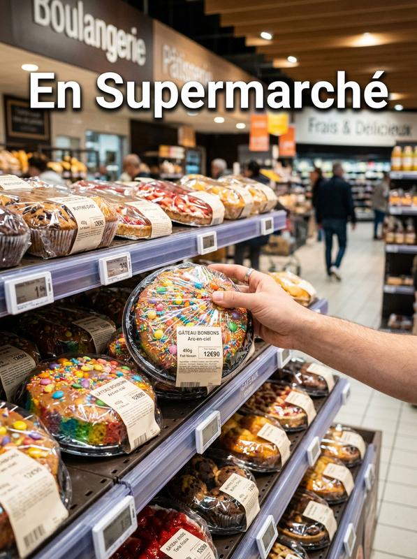Une main saisit un gâteau de bonbons sous cellophane dans un rayon de supermarché avec le texte En Supermarché en superposition.