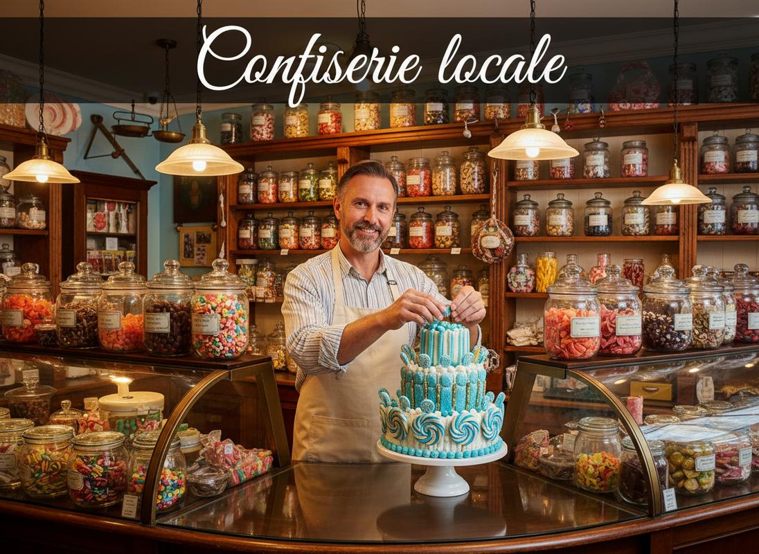 Un artisan confiseur sourit derrière son comptoir en déposant un bonbon bleu sur un gâteau de bonbons, avec le texte Confiserie locale affiché en surimpression.