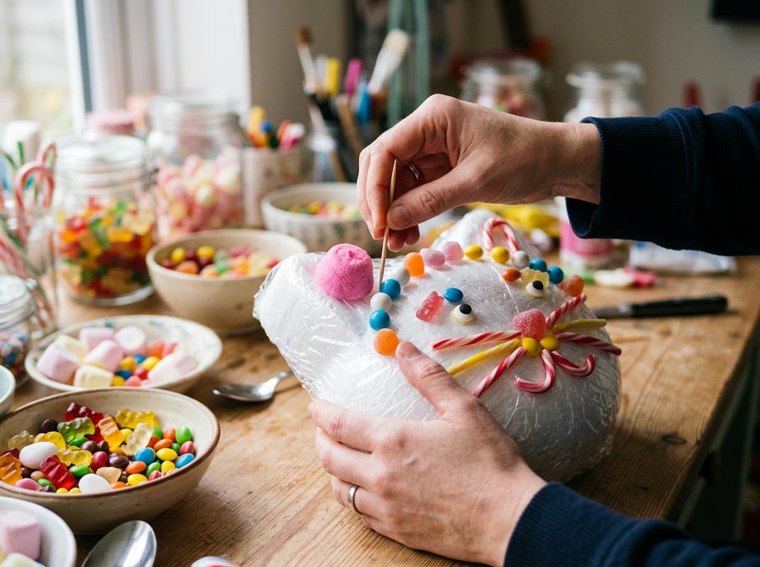 Des mains fixent une guimauve rose avec un cure-dent sur une base en polystyrène en forme de tête de chat recouverte de film étirable.