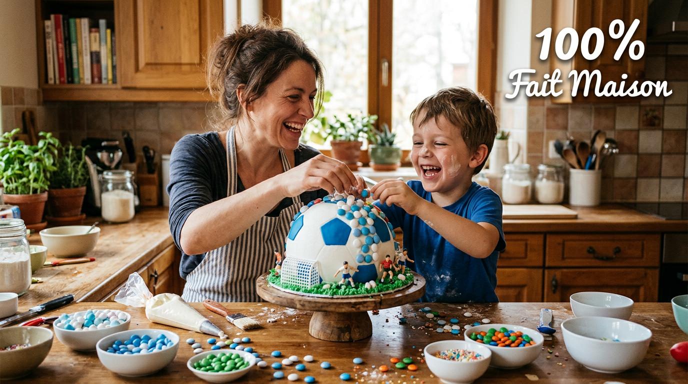 Un parent et son enfant rient dans une cuisine chaleureuse en décorant un gâteau de bonbons thème football avec le texte superposé 100% Fait Maison.