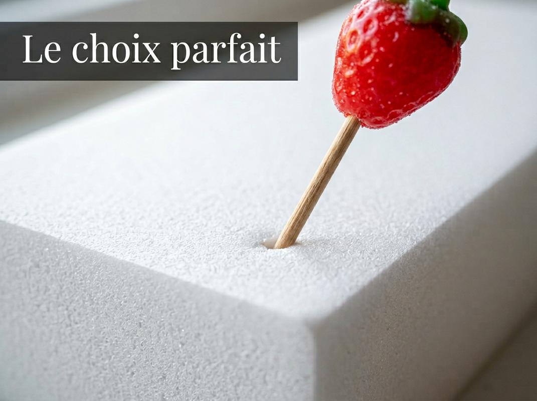 Bonbon à la fraise rouge piqué sur un cure-dent dans un bloc de polystyrène extrudé blanc dense avec le texte Le choix parfait en surimpression.