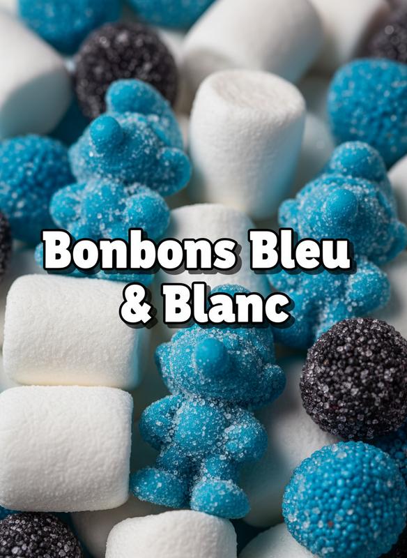 Gros plan macro sur des bonbons Schtroumpfs bleus, des guimauves blanches et des framboises gélifiées avec le texte Bonbons Bleu & Blanc en superposition.