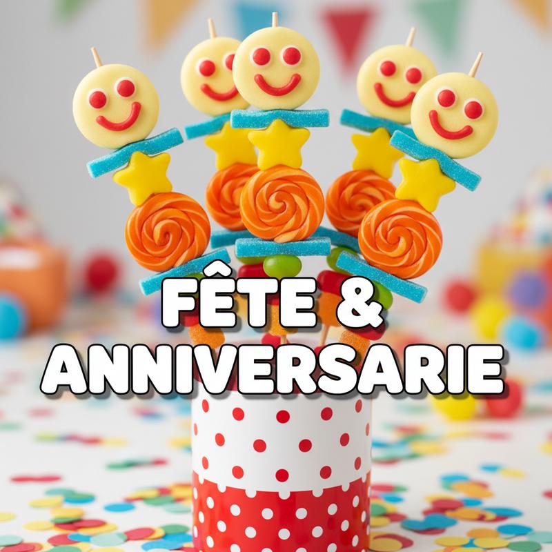 Brochettes de bonbons colorées à visages joyeux dans un pot à pois entouré de confettis, avec l'inscription en surimpression FÊTE & ANNIVERSAIRE.