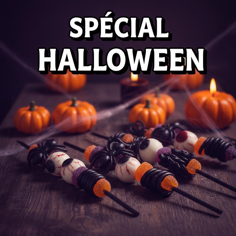Brochettes de bonbons en forme d'yeux, araignées et réglisse dans un décor de citrouilles et toiles d'araignée avec le texte Spécial Halloween.
