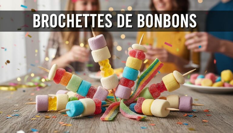 Brochettes de bonbons multicolores sur une table de fête