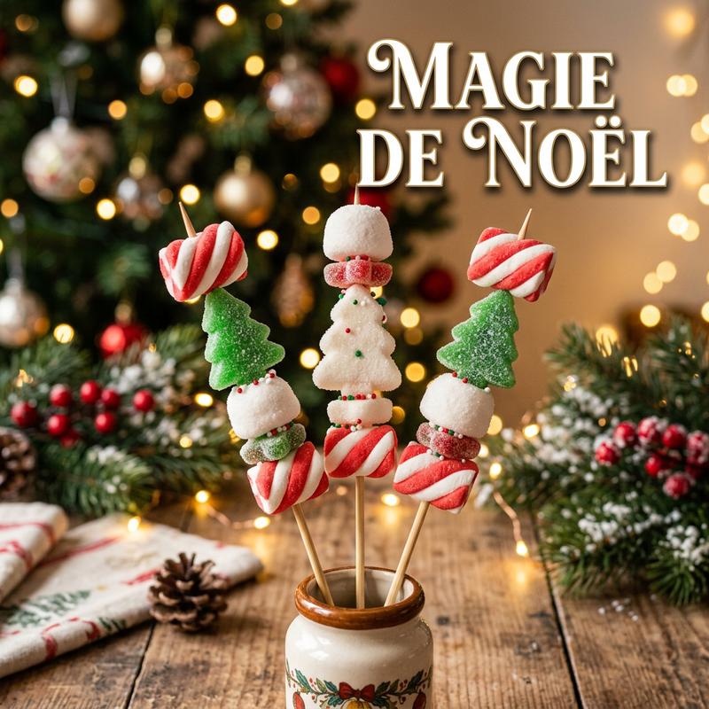 Brochettes de bonbons festives avec guimauves rayées et sapins gélifiés devant un décor de Noël chaleureux orné du texte Magie de Noël.