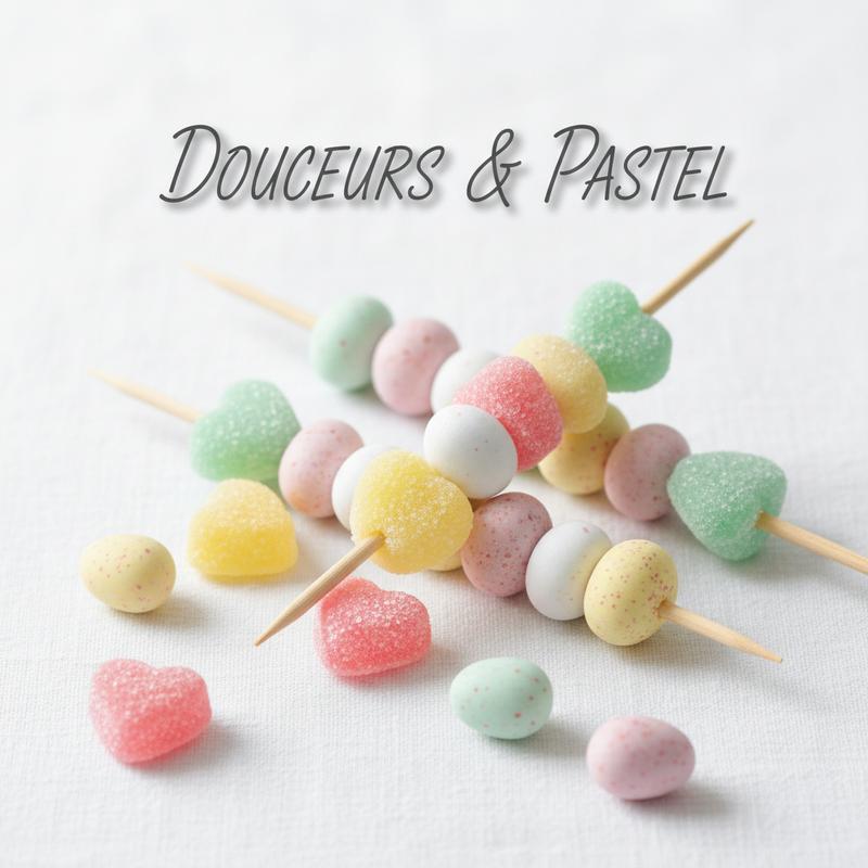 Des brochettes de bonbons pastel vert, rose et jaune avec cœurs gélifiés et œufs sucrés sur une nappe en lin blanc sous le texte DOUCEURS & PASTEL.