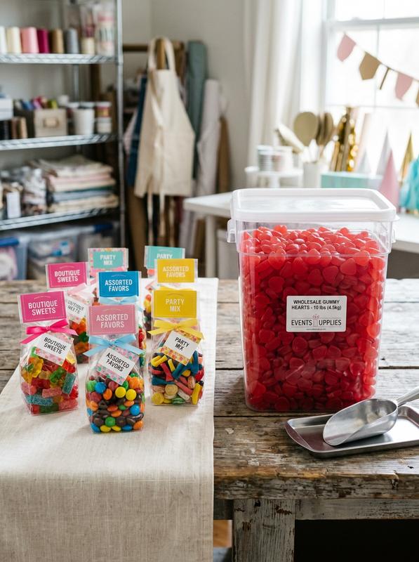 Des petits sachets plastiques de confiseries variées côtoient un grand contenant transparent rempli de cœurs gélifiés rouges en vrac sur un fond neutre.