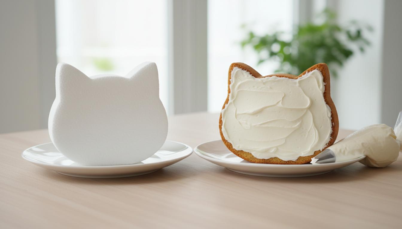 Bloc de polystyrène blanc et gâteau en forme de tête de chat avec glaçage blanc et poche à douille présentés côte à côte dans une cuisine lumineuse.