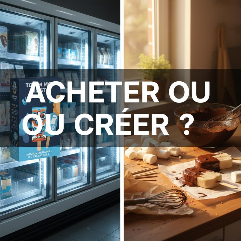 Écran scindé entre des glaces totem en magasin et une préparation maison avec chocolat et guimauves, incluant le texte superposé Acheter ou Créer ?.