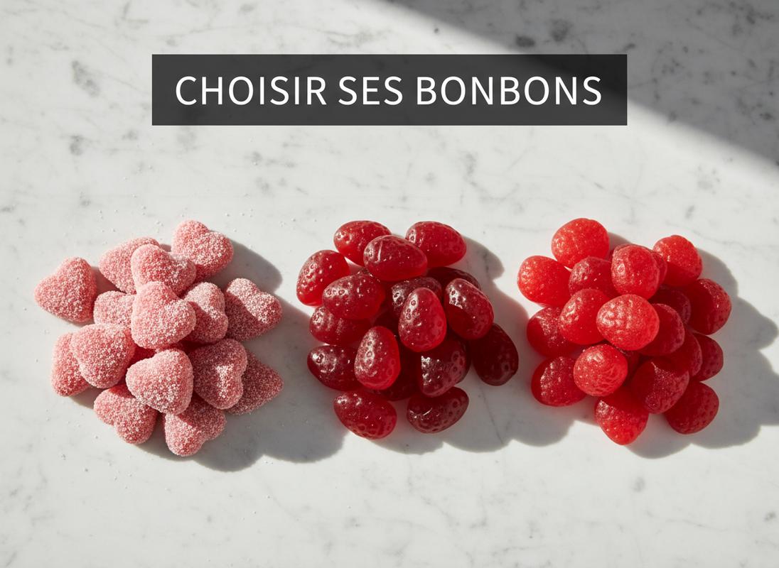 Vue de dessus de fraises gélifiées lisses et de bonbons façon Tagada sur un marbre clair avec le texte Choisir ses bonbons en surimpression.
