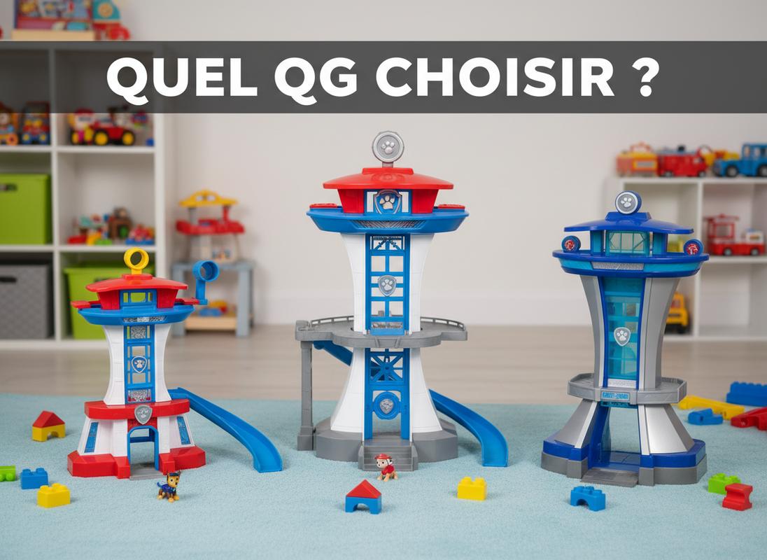 Trois tours de contrôle Pat' Patrouille de dimensions variées sont alignées dans une salle de jeux claire sous le texte Quel QG choisir.