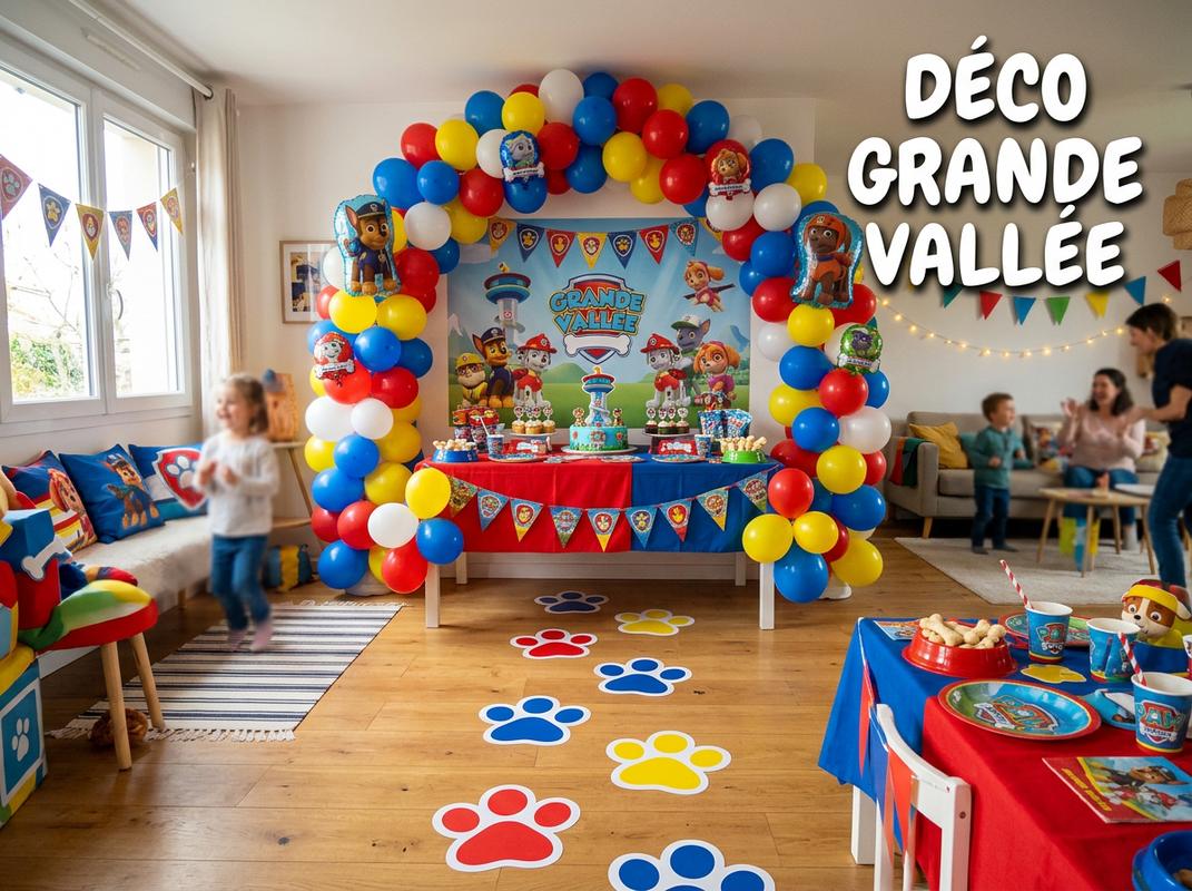 Empreintes de pattes géantes mènent à une table rouge et bleue avec motifs d'os, sous une arche de ballons colorés et l'inscription Déco Grande Vallée.