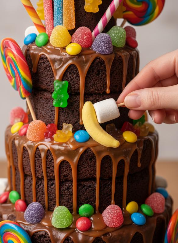 Décoration finale du gâteau totem avec des bonbons et finitions en chocolat.