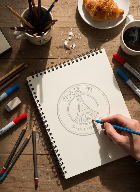 Une main colorie au crayon bleu le logo du Paris Saint-Germain esquissé sur un carnet de dessin entouré de fournitures artistiques sur un bureau en bois.