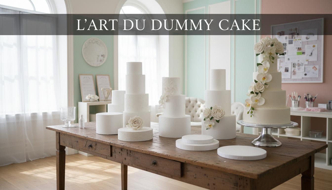 Supports en polystyrène blanc empilés à côté d'un gâteau de mariage à étages dans un atelier lumineux avec l'inscription en surimpression L'ART DU DUMMY CAKE.
