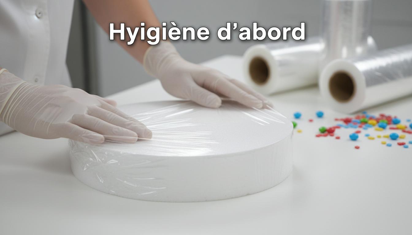 Deux mains enveloppent soigneusement un support à gâteau circulaire de film étirable transparent sur un plan de travail avec l'inscription Hygiène d'abord.