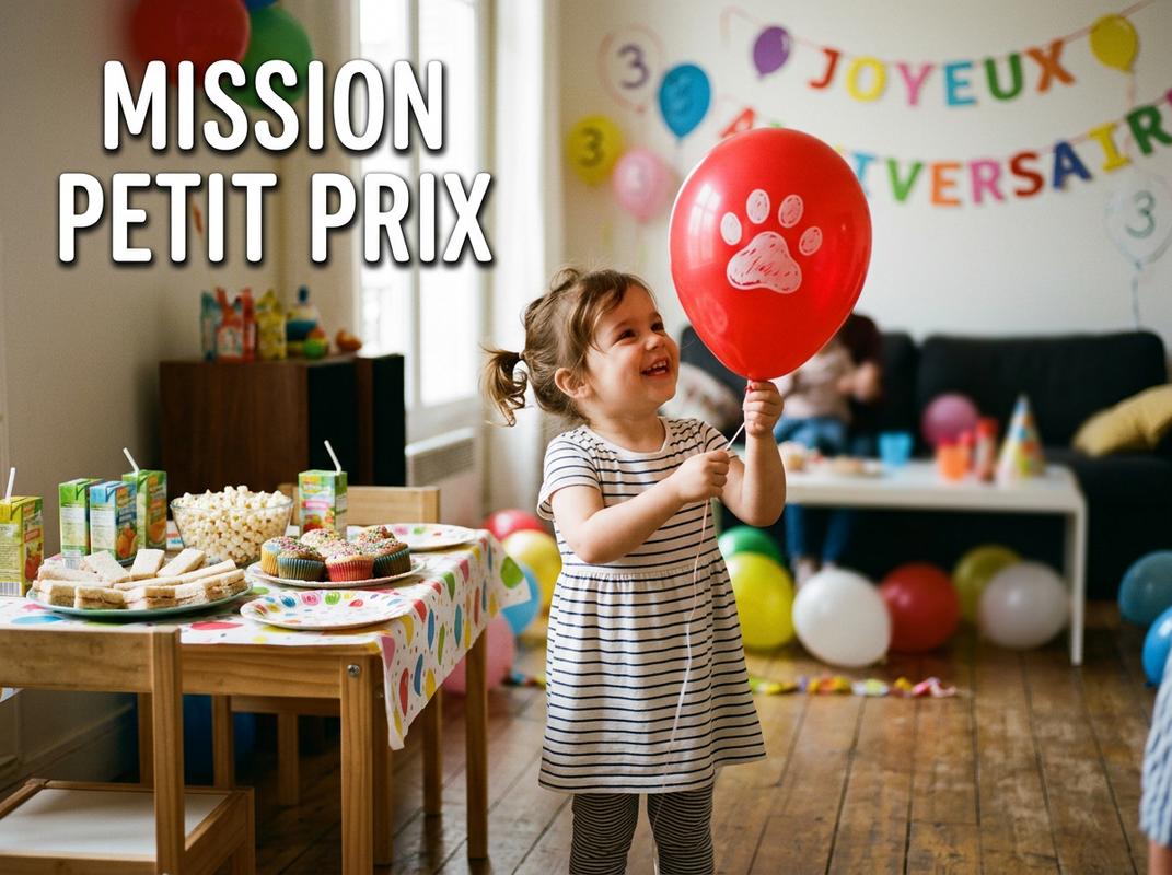 Un enfant de trois ans tient un ballon rouge à empreinte de patte devant une table d'anniversaire décorée simplement avec l'inscription Mission Petit Prix.