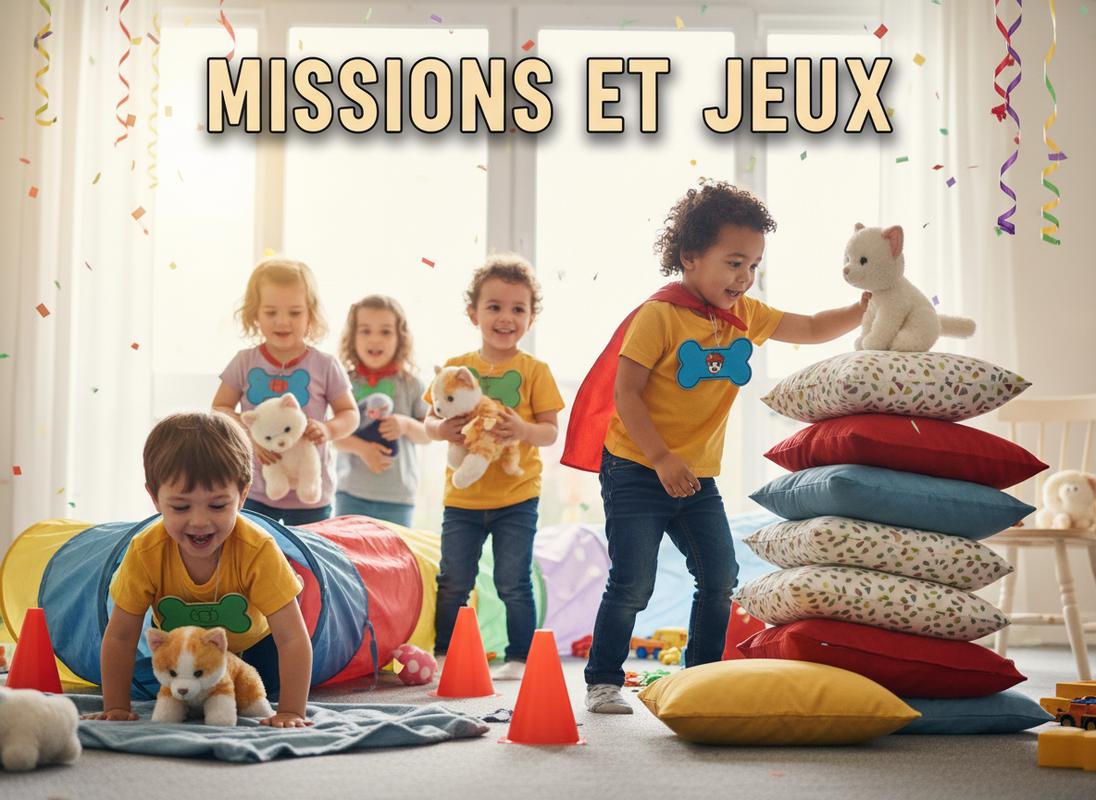 Enfants franchissant un parcours de coussins avec des badges en carton faits main, sous une bannière Missions et Jeux, pour sauver des peluches.