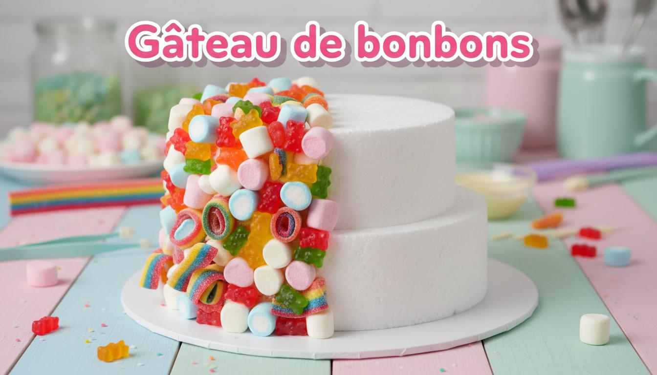 Gâteau de bonbons en cours de montage sur un établi pastel, avec base en polystyrène visible sous des guimauves et oursons colorés.