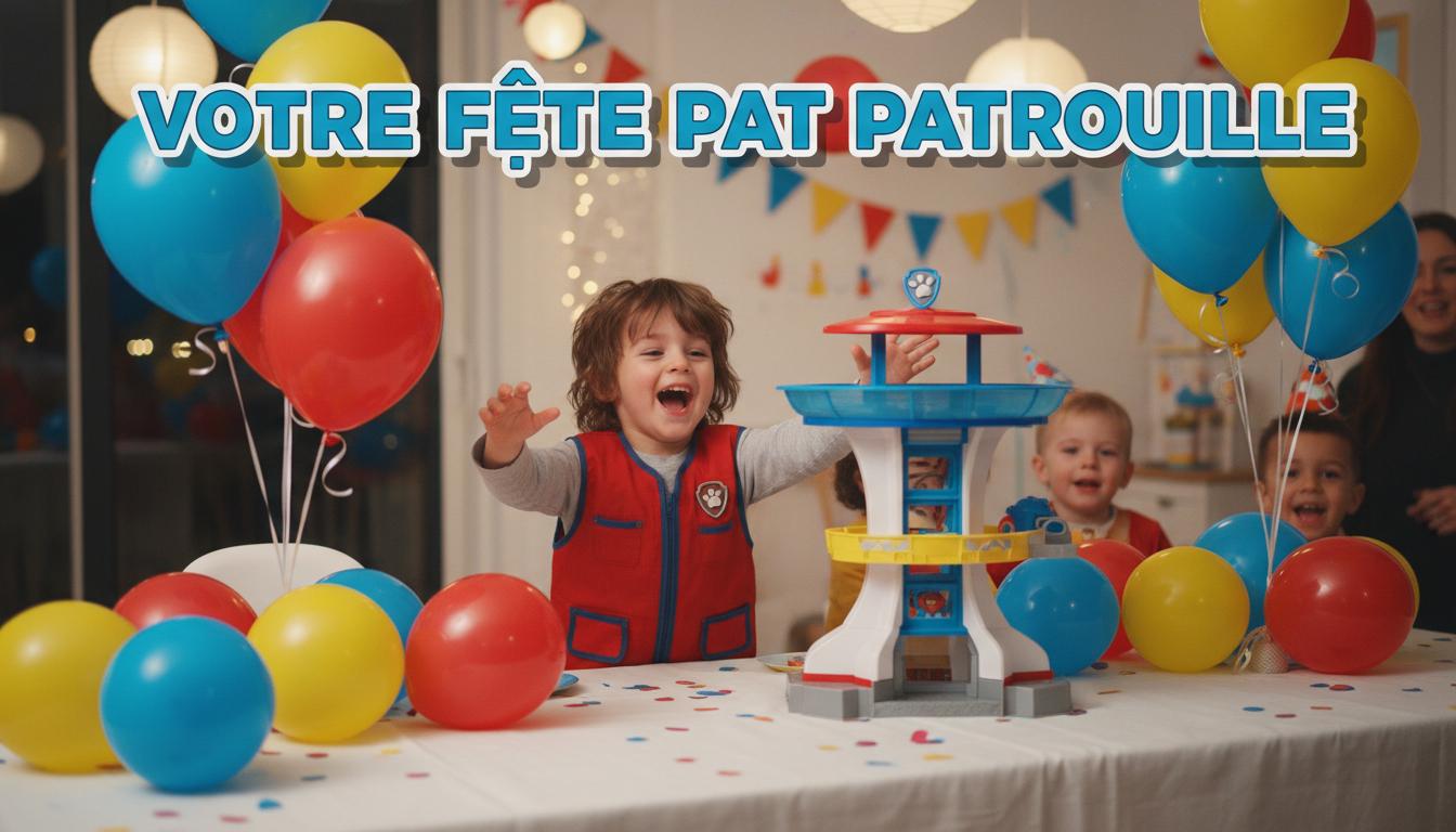 Enfant souriant portant un gilet Pat' Patrouille rouge, jouant avec une tour de contrôle jouet sur une table décorée de ballons et d'une banderole de fête.