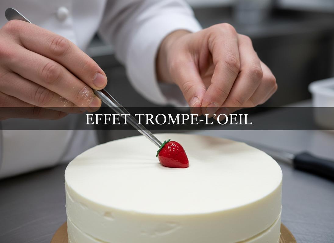 Des mains de pâtissier déposent avec précision une fraise en sucre sur un gâteau blanc à l'aide d'une pince, sous le texte EFFET TROMPE-L'OEIL.