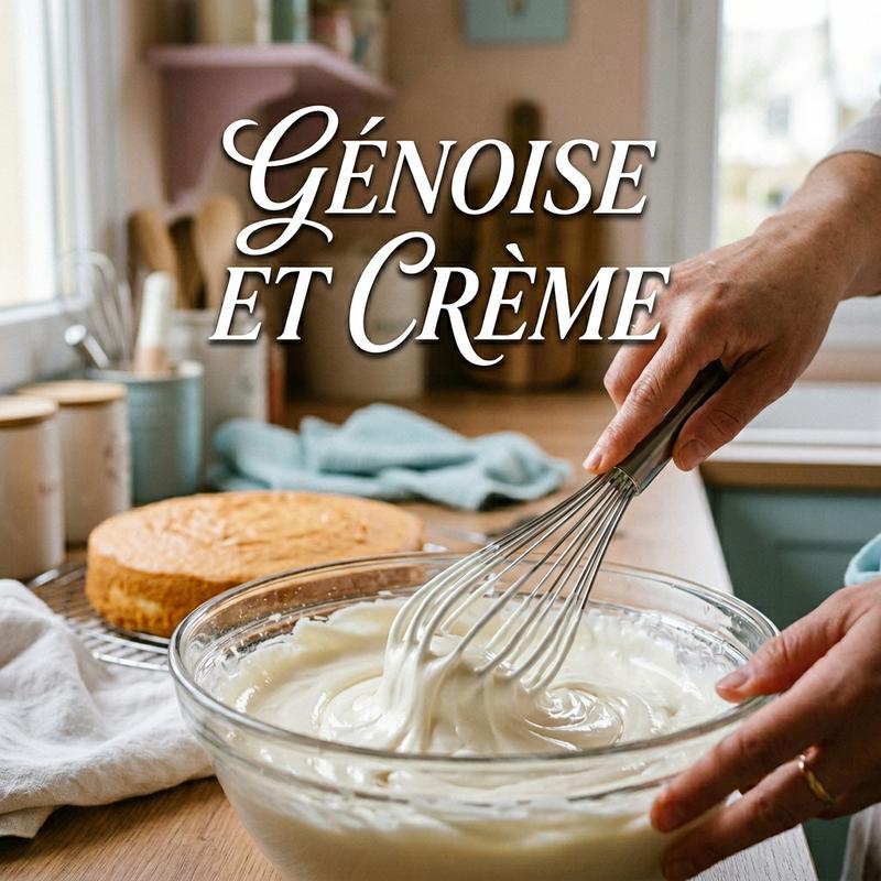 Main fouettant une crème blanche onctueuse dans un bol en verre devant une génoise dorée avec le texte GÉNOISE ET CRÈME superposé.
