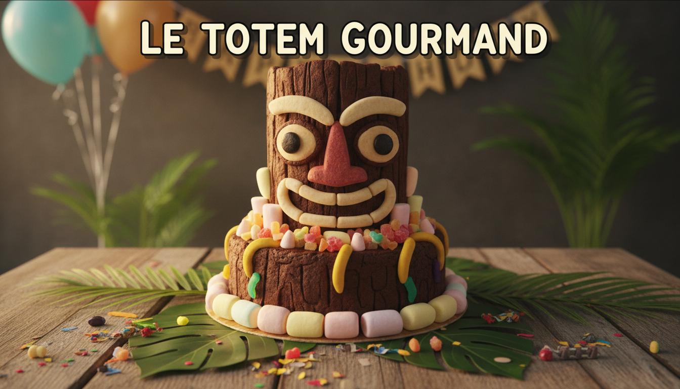 Gâteau d'anniversaire en forme de totem tiki sculpté dans du brownie et décoré de bonbons colorés sur une table tropicale avec l'inscription Le Totem Gourmand.