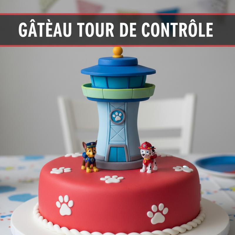 Gâteau d'anniversaire rouge à pattes blanches surmonté d'une tour de contrôle bleue et des figurines Chase et Marshall avec le texte GÂTEAU TOUR DE CONTRÔLE.
