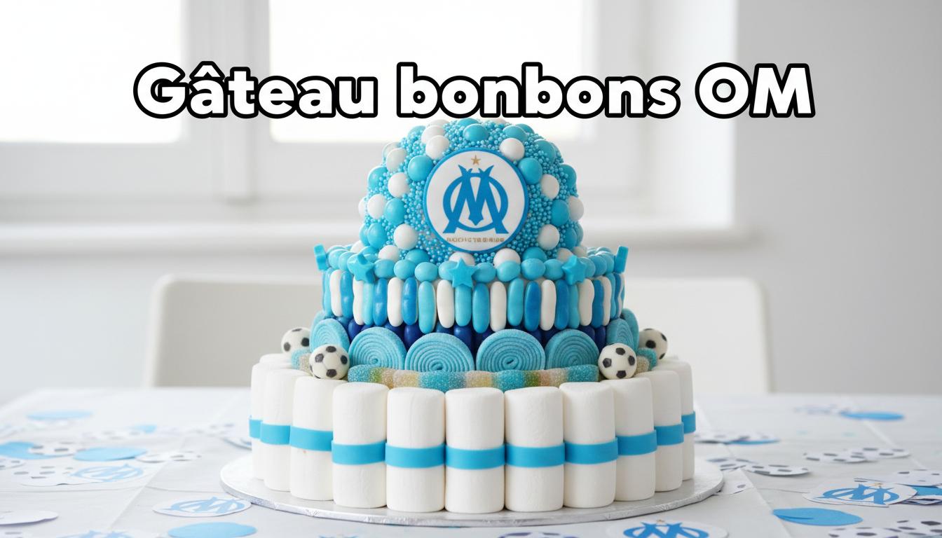 Gâteau à étages de bonbons bleus et blancs et guimauves sur table de fête avec confettis de football et inscription Gâteau bonbons OM.