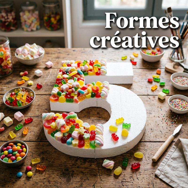 Gâteau de bonbons en forme de chiffre cinq à moitié décoré de confiseries colorées sur une table en bois rustique avec l'inscription Formes créatives.