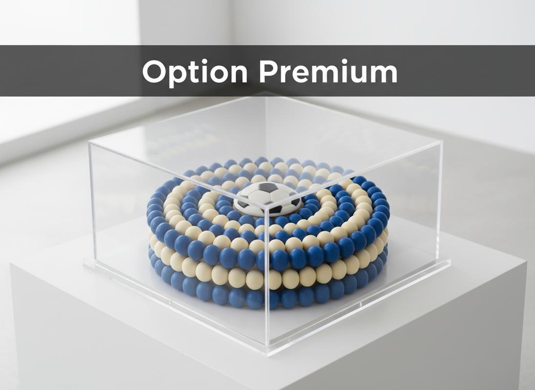 Gâteau de bonbons bleu et blanc orné d'un logo de football, présenté dans une boîte transparente avec une bannière textuelle Option Premium.