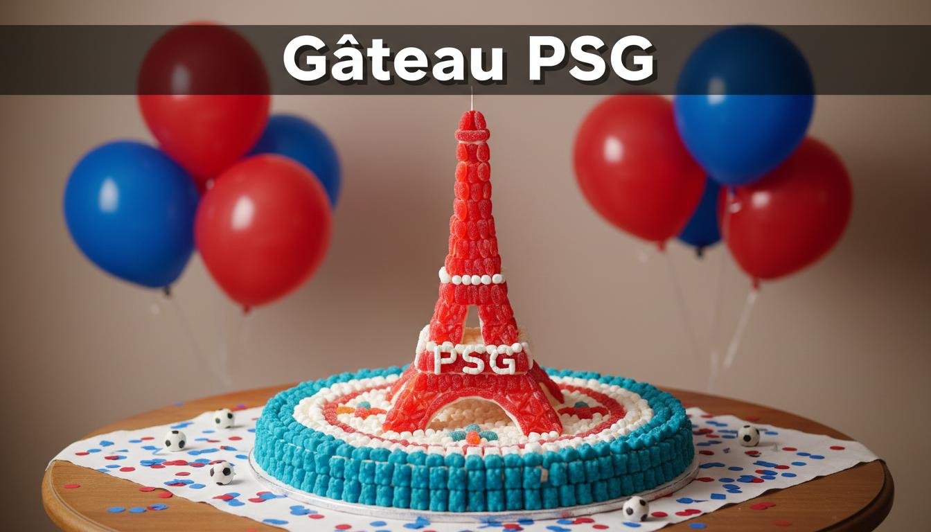 Gâteau d'anniversaire rond décoré de bonbons bleus, rouges et blancs formant le blason du PSG, posé sur une table festive avec l'inscription Gâteau PSG.