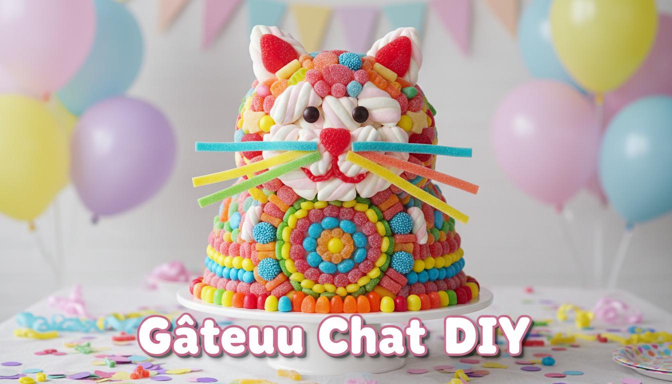 Gâteau en forme de chat fait de guimauves et bonbons colorés sur une table festive avec ballons, confettis et le texte Gâteau Chat DIY.