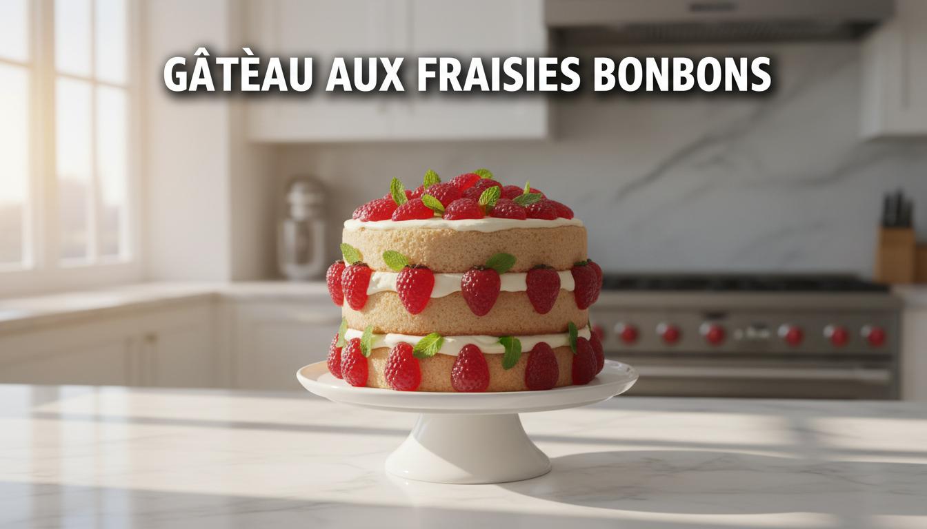 Gâteau à étages orné de bonbons fraises et feuilles de menthe sur un socle blanc dans une cuisine lumineuse avec le texte GÂTEAU AUX FRAISES BONBONS.