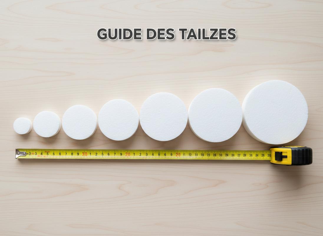 Différents disques circulaires en polystyrène blanc sont alignés par taille sur un plateau en bois clair avec un mètre ruban et le texte Guide des tailles.