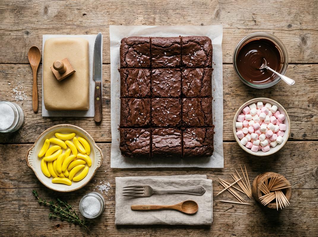 Ingrédients de pâtisserie disposés sur une table en bois avec un brownie, de la pâte d'amande, des guimauves, des bonbons bananes et un bol de chocolat fondu.