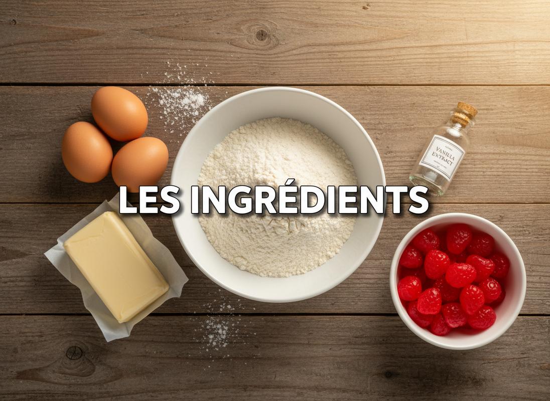 Ingrédients de pâtisserie avec farine, œufs, beurre et bonbons fraise rouges sur une table en bois rustique avec le texte Les Ingrédients en surimpression.