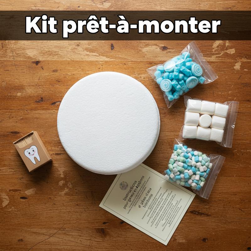 Kit prêt-à-monter pour gâteau de bonbons avec socle en polystyrène, cure-dents, bonbons bleus et guimauves sur table en bois.