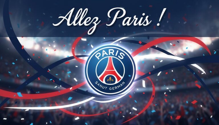 Un écusson stylisé du Paris Saint-Germain rayonne au centre de traînées lumineuses dynamiques et de confettis avec le texte Allez Paris.