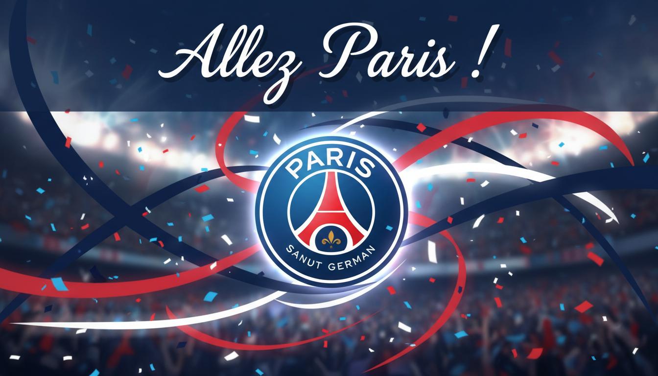 Un écusson stylisé du Paris Saint-Germain rayonne au centre de traînées lumineuses dynamiques et de confettis avec le texte Allez Paris.