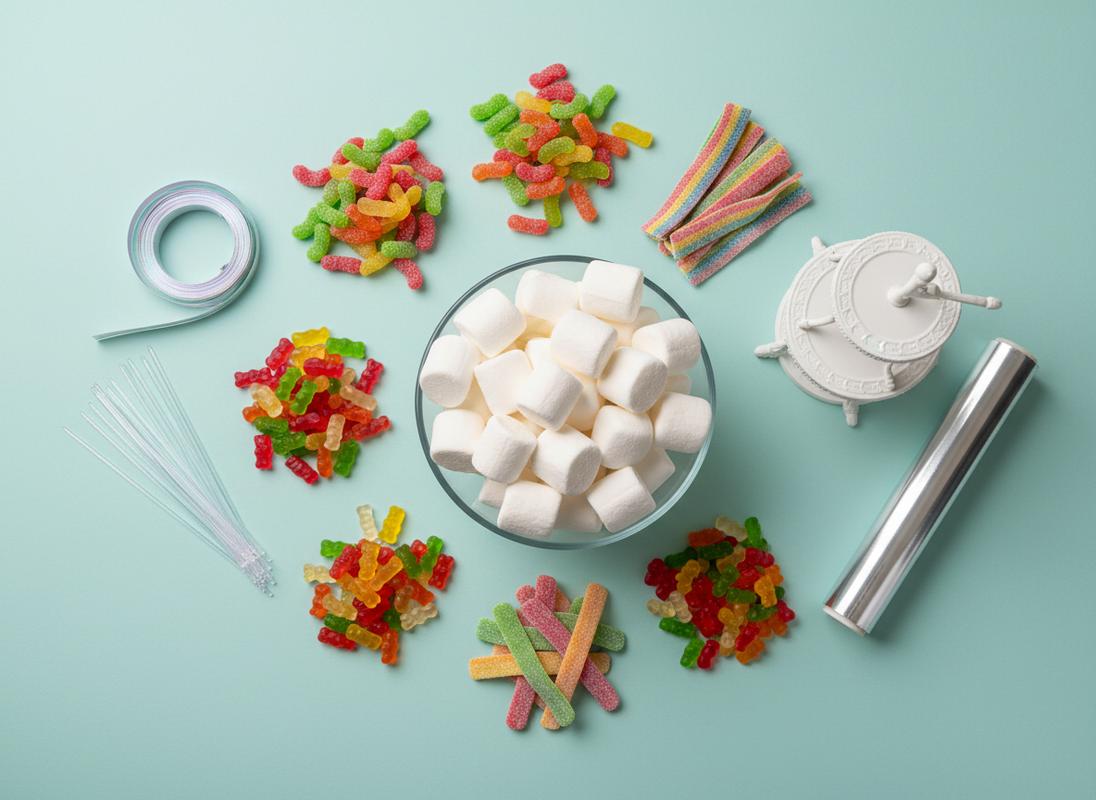 Une composition à plat montre des bâtonnets transparents, des rubans, un bol de guimauves et des bonbons variés disposés proprement sur un fond pastel.