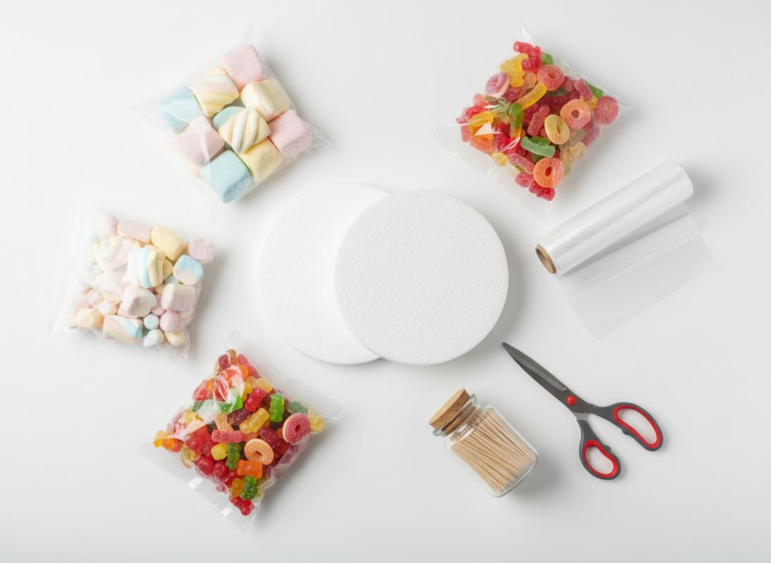 Assortiment ordonné de guimauves, gommes colorées, film alimentaire, cure-dents, ciseaux et disques de polystyrène blanc posés à plat sur une surface claire.