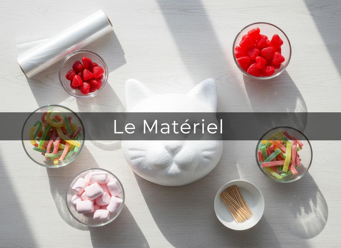 Vue de dessus d'un support en polystyrène en forme de tête de chat entouré de bols de bonbons colorés sur une table en bois avec le texte Le Matériel.