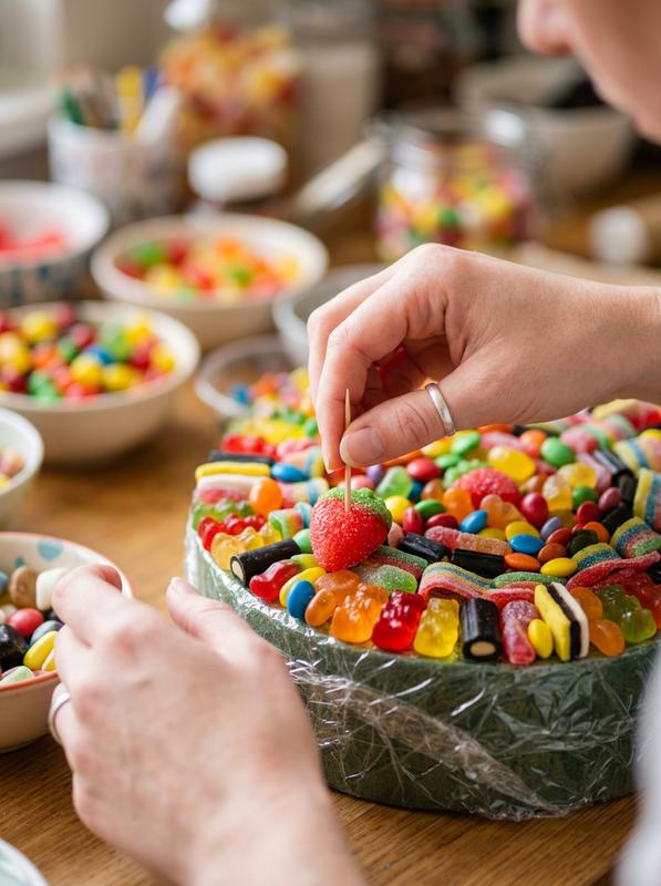 Des mains utilisent un cure-dent en bois pour piquer un bonbon fraise rouge sur un gâteau de confiseries colorées en cours d'assemblage.