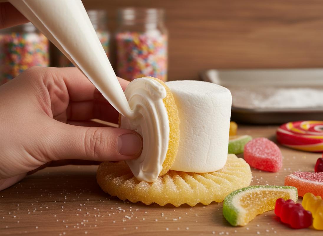 Main appliquant de la glace royale épaisse sur une guimauve pour l'assembler à d'autres bonbons sans support dans une cuisine chaleureuse.