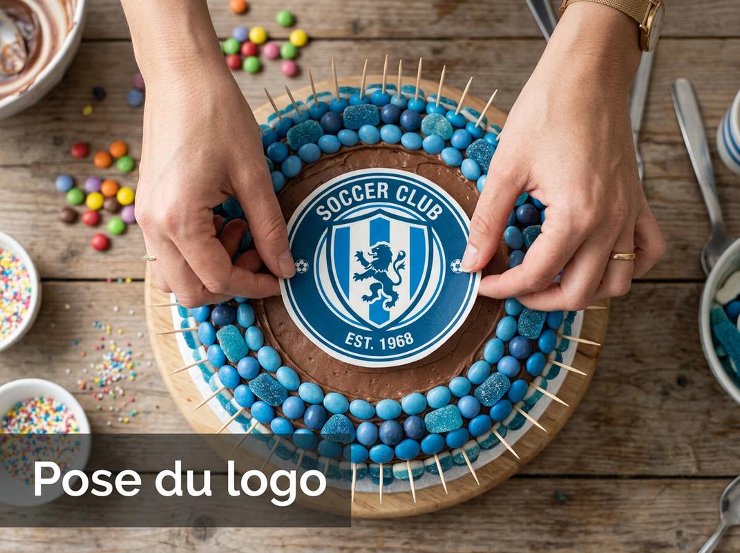 Vue de dessus de mains déposant un disque azyme au logo de football bleu et blanc sur un gâteau de bonbons avec l'inscription Pose du logo.