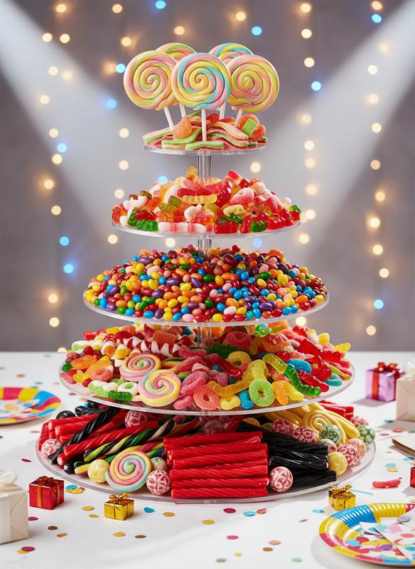 Un présentoir multi-étages en acrylique transparent garni de bonbons variés et colorés posé sur une nappe festive avec un arrière-plan lumineux flou.