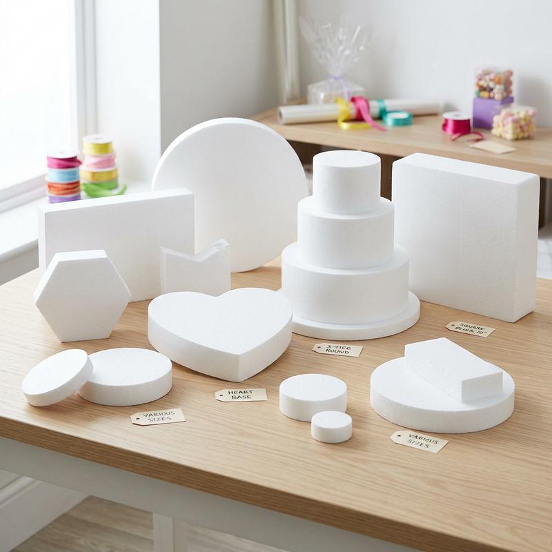 Supports en polystyrène blanc pour gâteaux de bonbons, avec une base cœur, un présentoir à trois étages et un bloc carré, disposés sur une table.